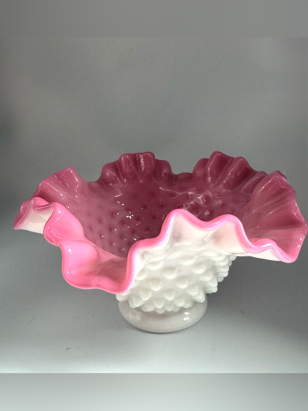 Fenton Pink and White Hobnail Ruffled Glass Bowl